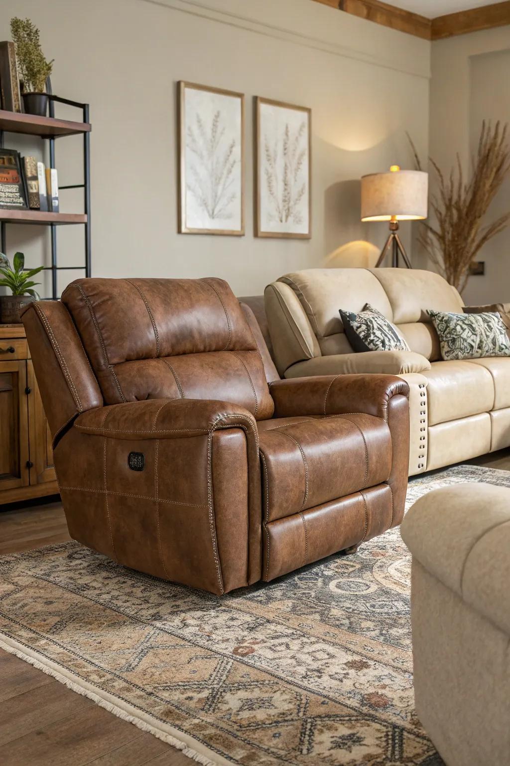 A textured living room featuring a leather recliner and fabric sofas.