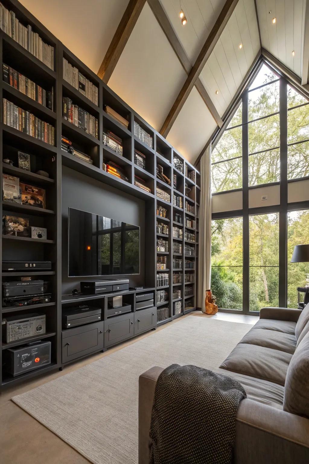 Vertical storage maximizes space in a loft media room.
