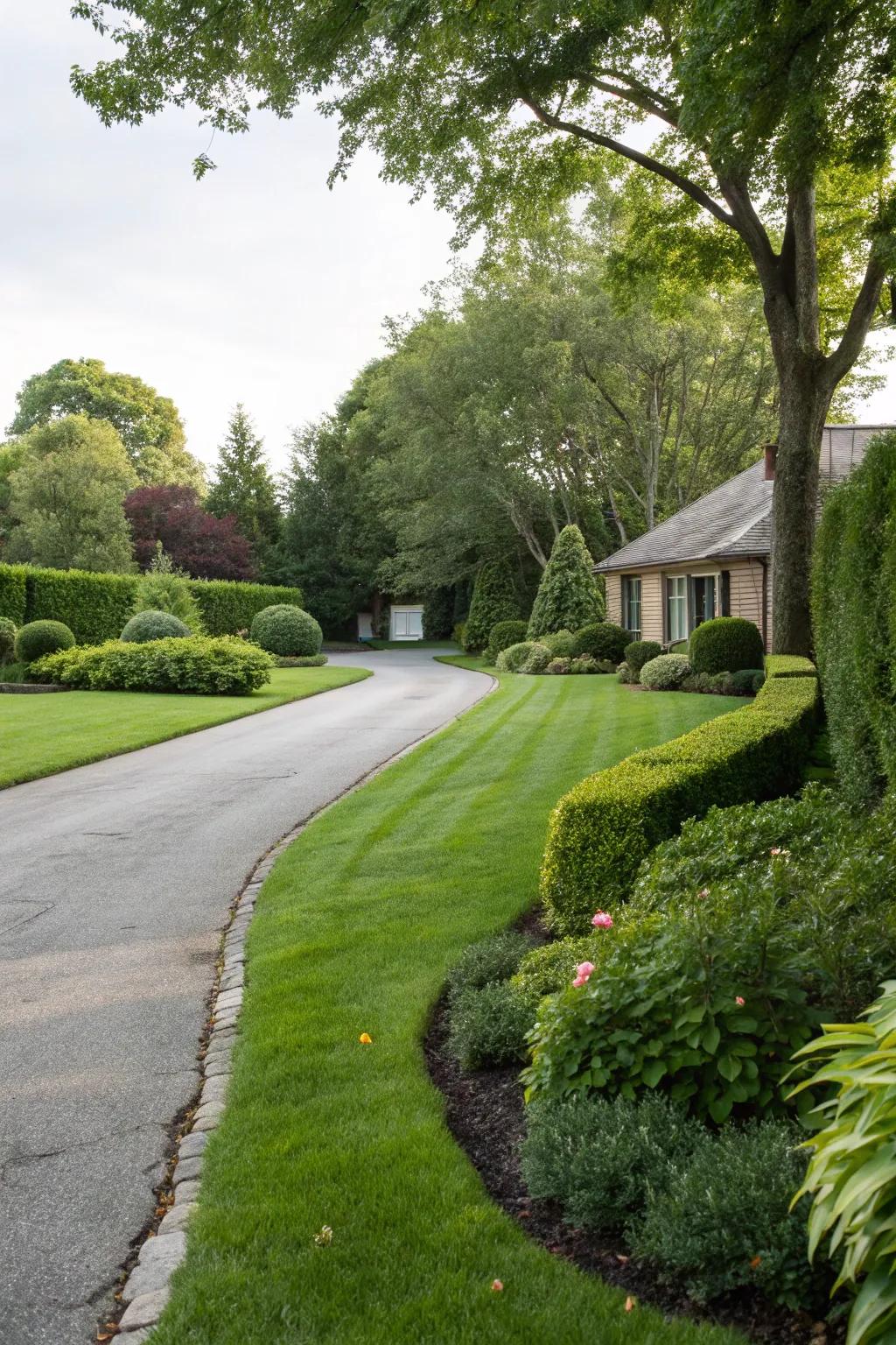 A lush lawn creates a verdant, inviting driveway.