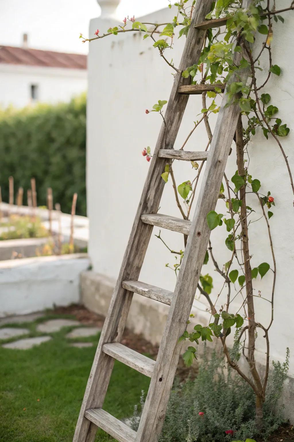 Breathe new life into your garden with a charming vintage ladder trellis, where simplicity meets natural elegance.