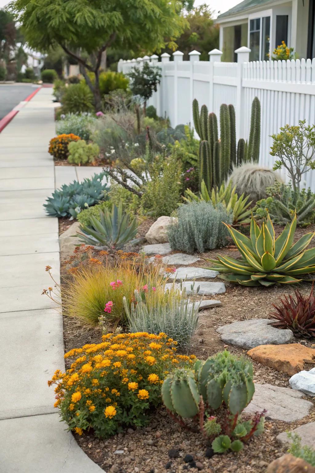 A blend of textures and tones results in a vibrant and engaging xeriscape yard.