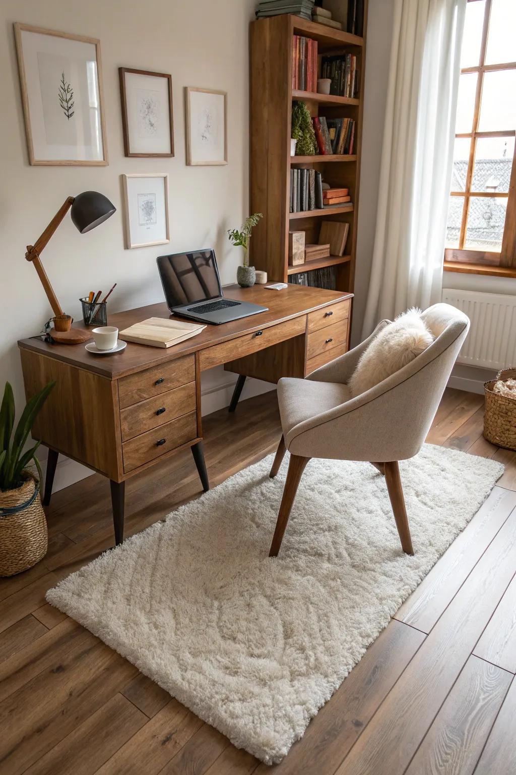 A modern home office highlighting textural contrast.