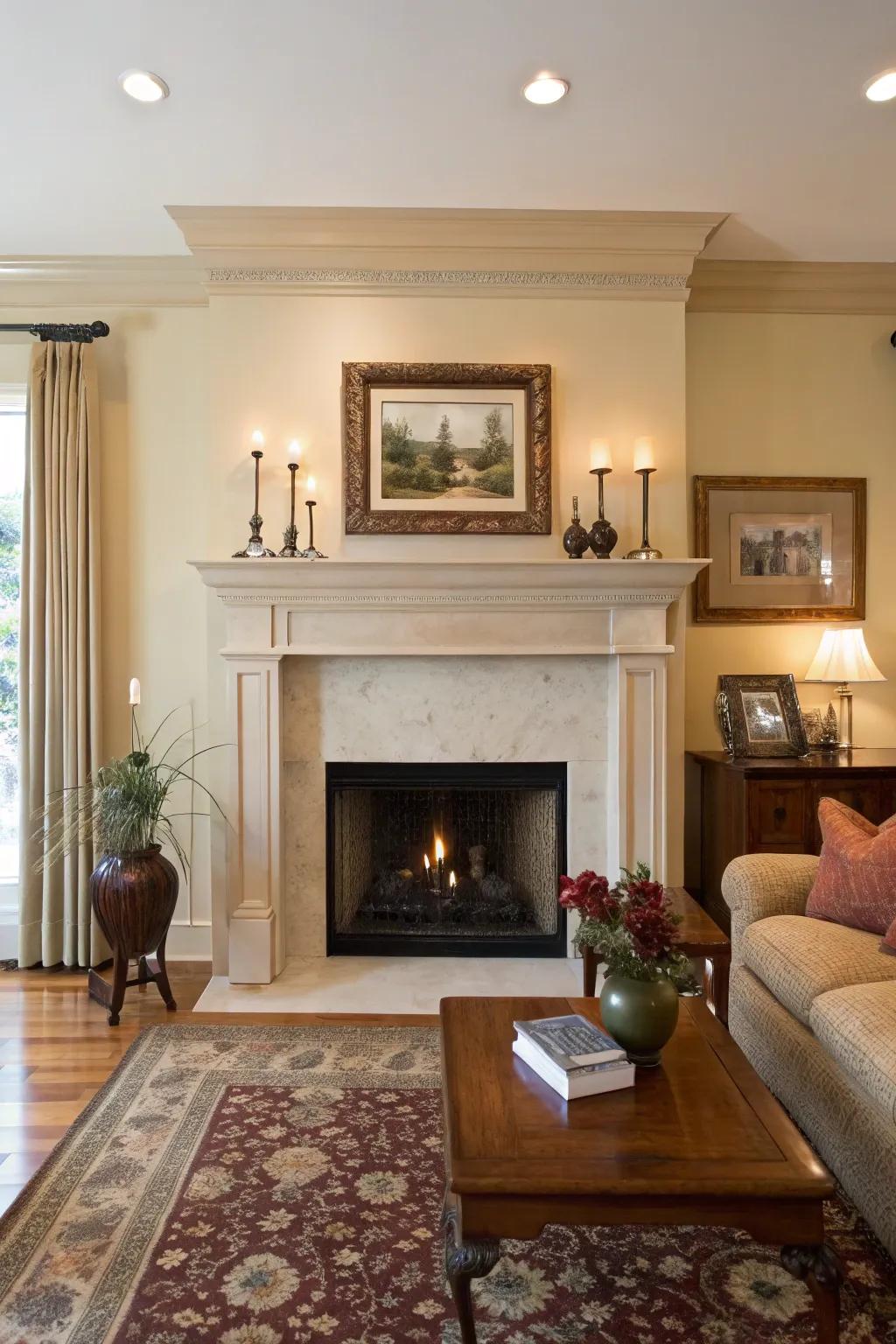 A beautifully adorned mantel elevates this cozy living room.