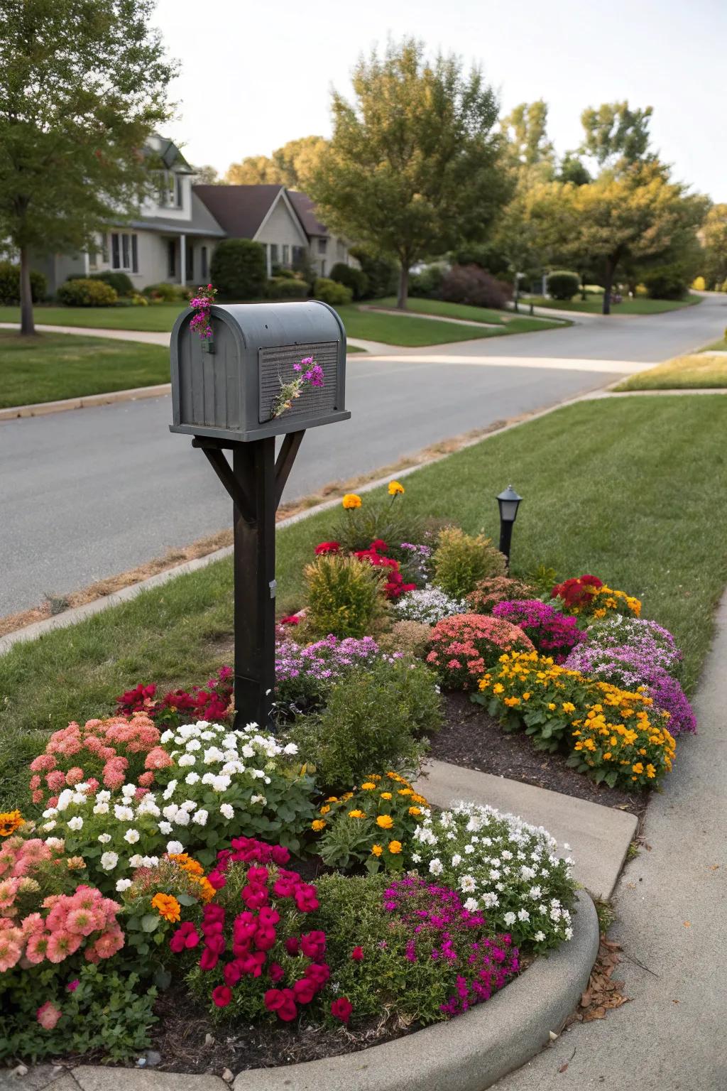 Hue harmony between blossoms and mailbox builds a cohesive presentation.