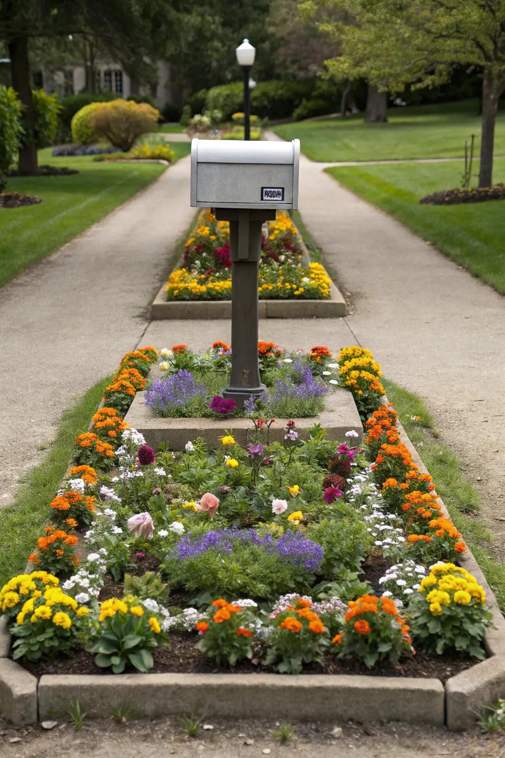 Symmetry in landscaping contributes a hint of sophistication to your mailbox.