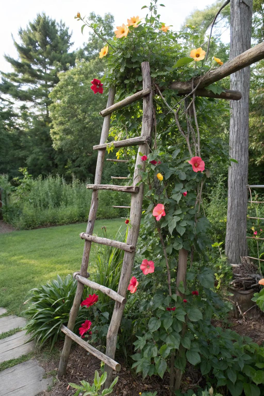 A country limb trellis delivers a natural and sustainable method to display tropical trumpet.