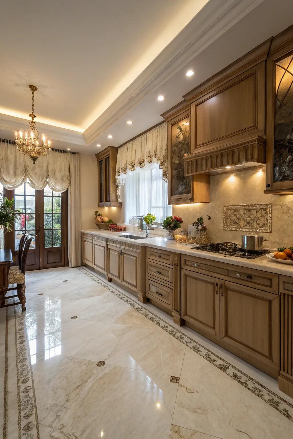 A cozy kitchen featuring warm-toned flute trim marble floors.