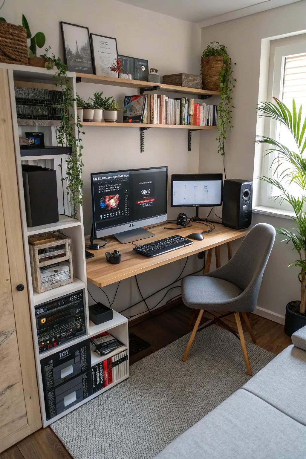 A coordinated tech setup increases output in this workspace.