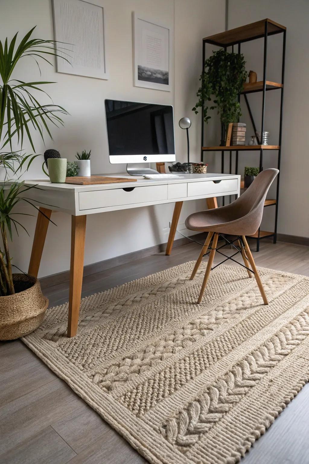 Layered rugs contribute depth and warmth to your office floor.