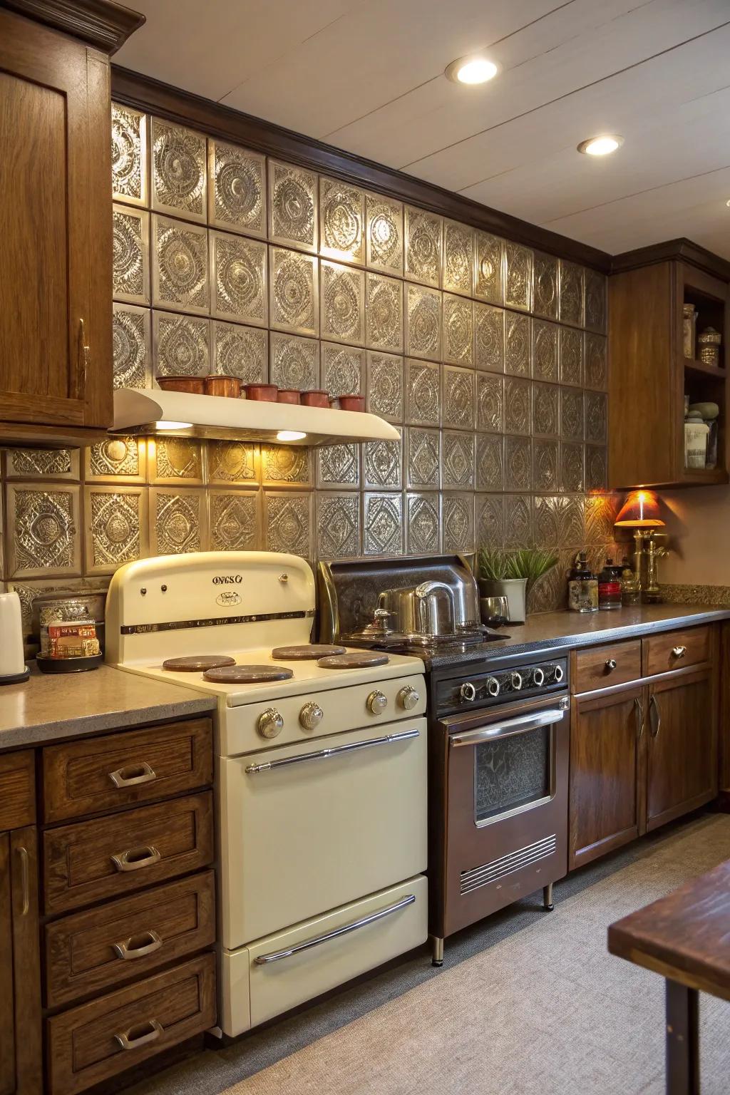 A vintage-style kitchen featuring an antique tin tile backsplash.