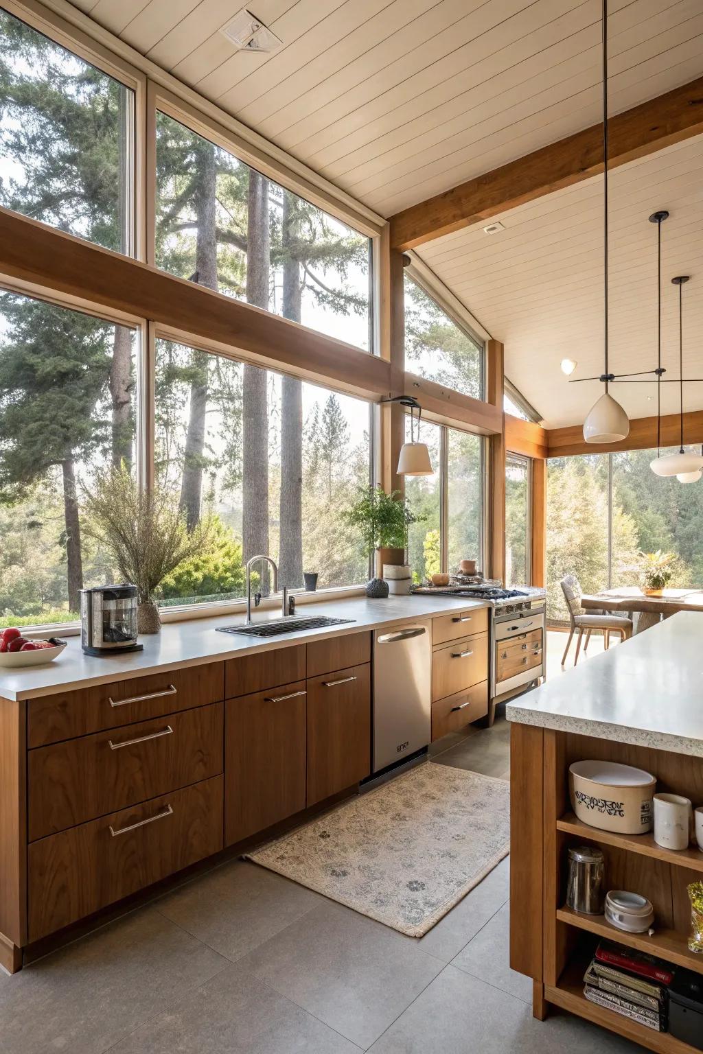 Large windows flood this mid-century kitchen with natural light.