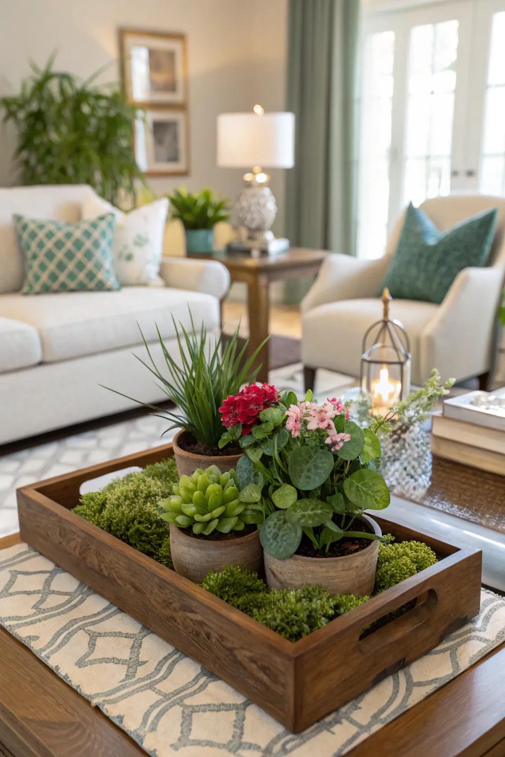 A chic lounge featuring a mini garden that is integrated into the decor.