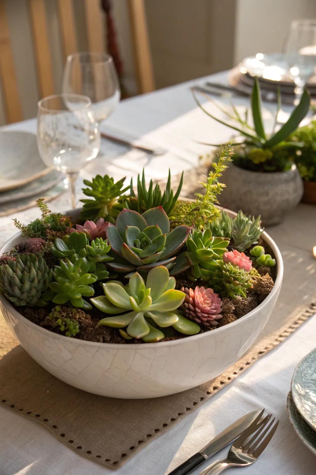 A succulent-filled bowl introduces a hint of sophistication to any dining setting.