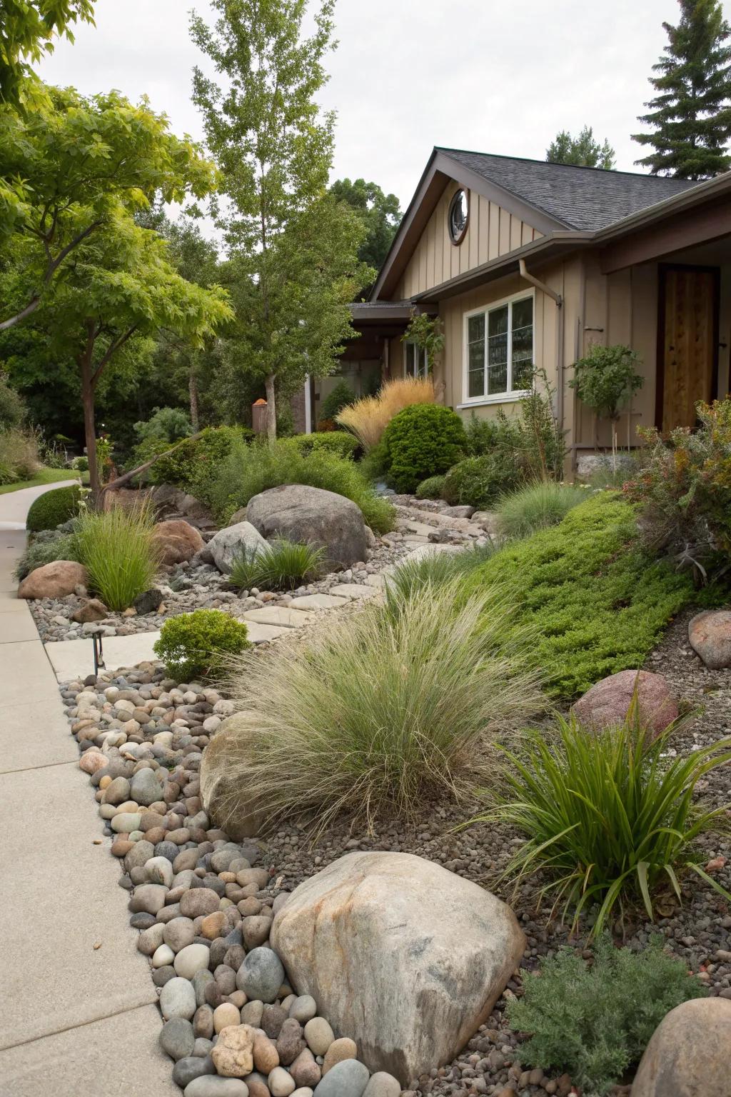 Contrasting textures add depth and interest to minimalist landscaping.