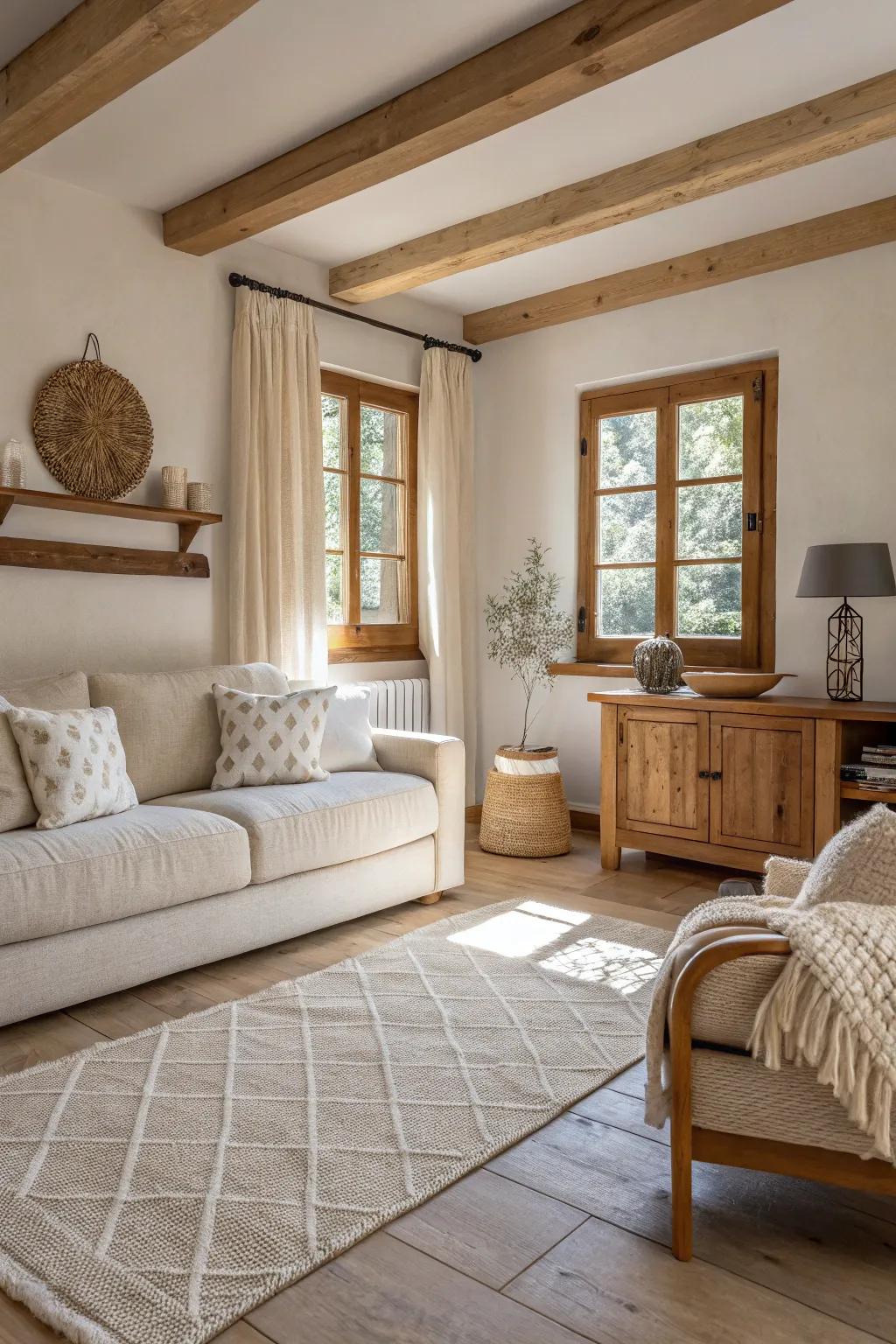 Varied textures introduce depth and warmth to a minimalist living area.