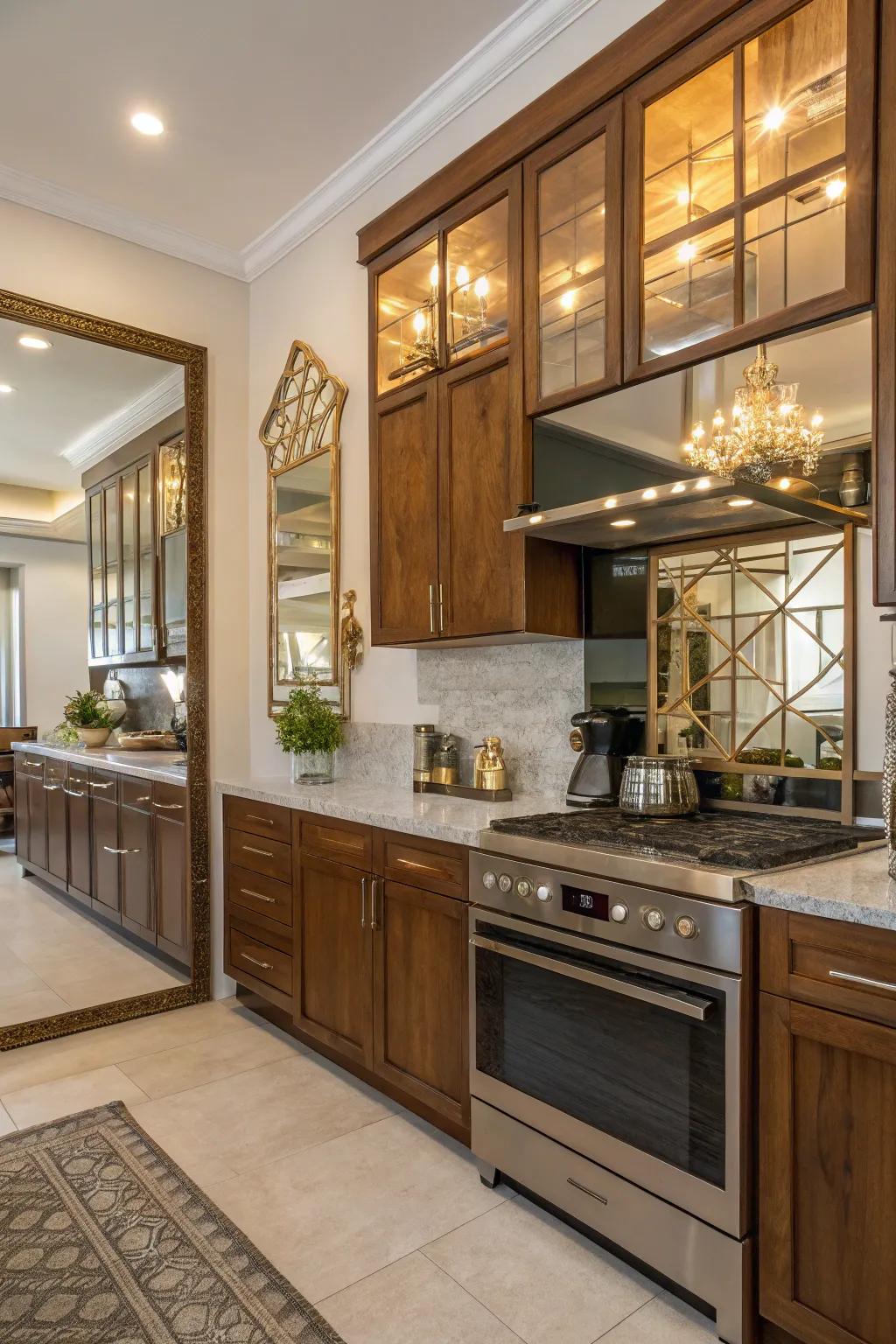 A blend of mirrors with wood and metal to create a textured, inviting kitchen.