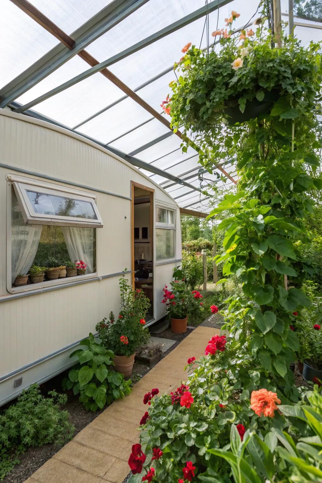 A greenhouse expansion brimming with plants, delivering a lush, green retreat connected to the mobile home.