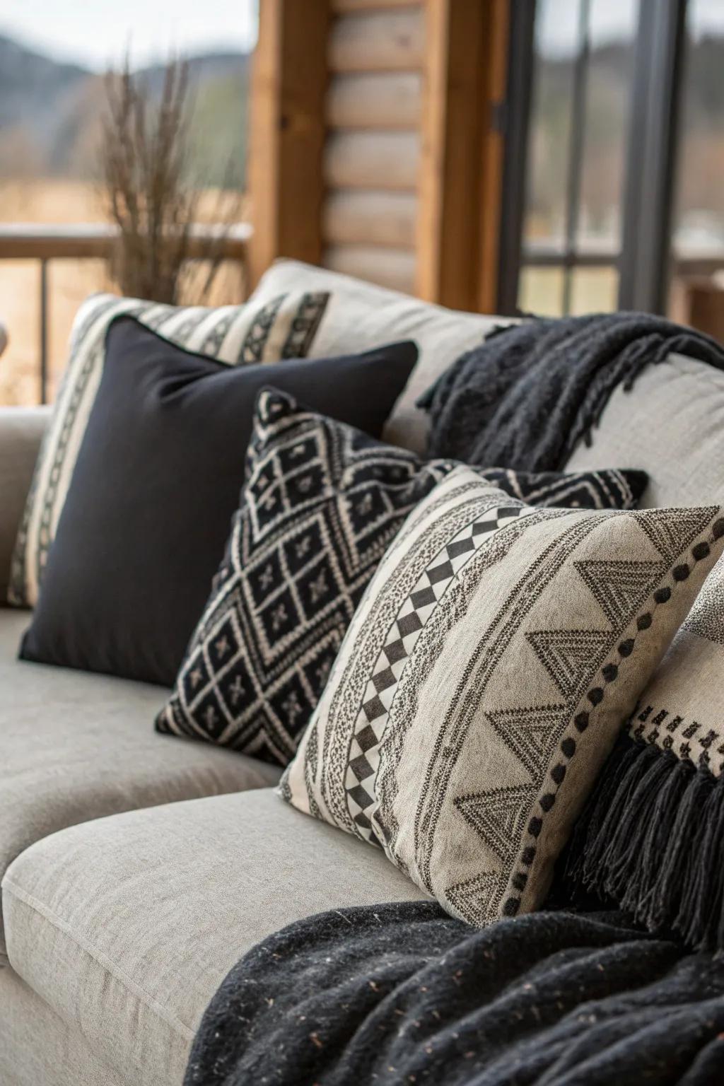 Black and grey throw pillows add texture and comfort to the sofa.