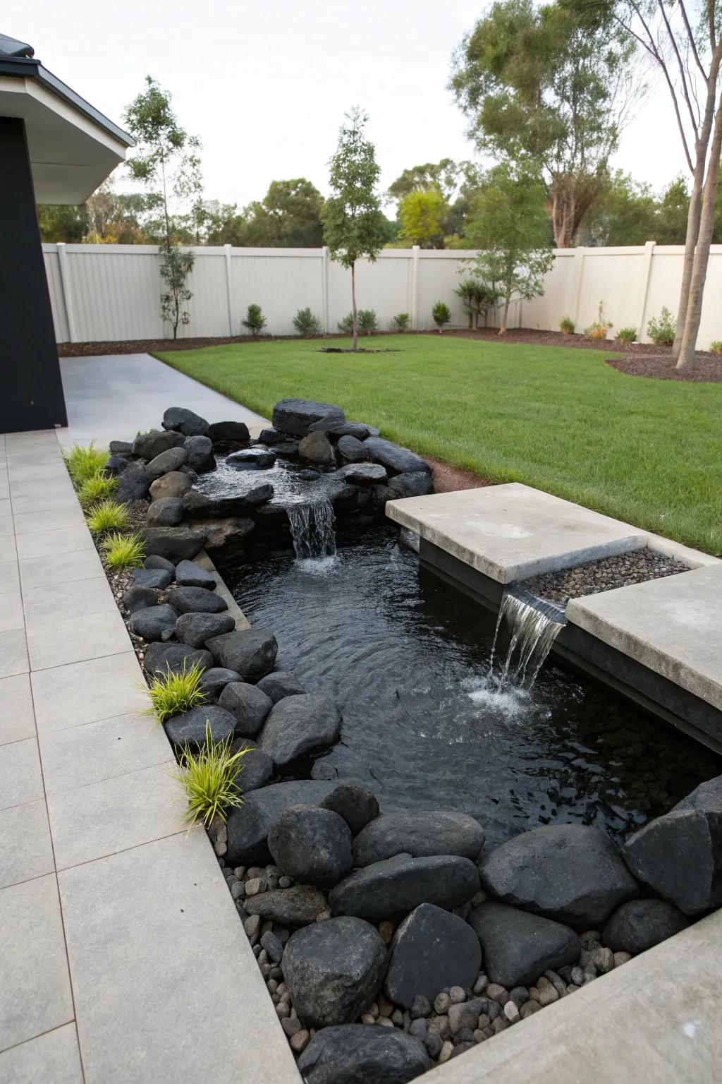 Black rocks add serenity to a water feature.