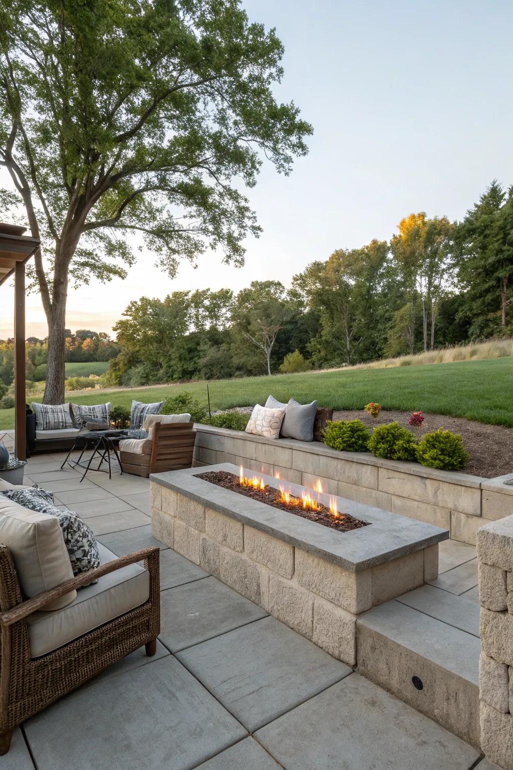 Concrete wall integrated with a fire pit for a snug exterior area.