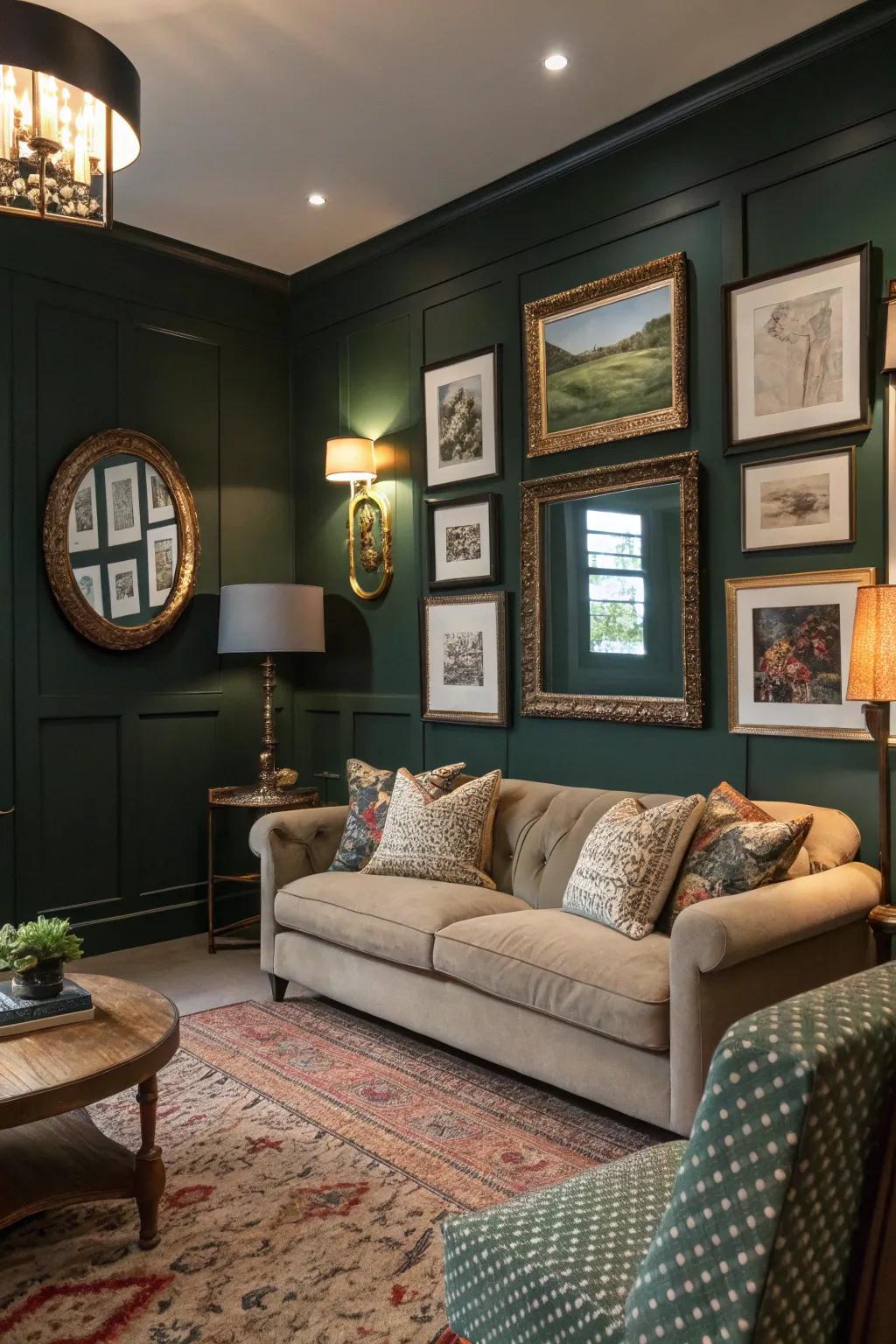 Artwork and mirrors enrich a dark green living space with depth and charm.