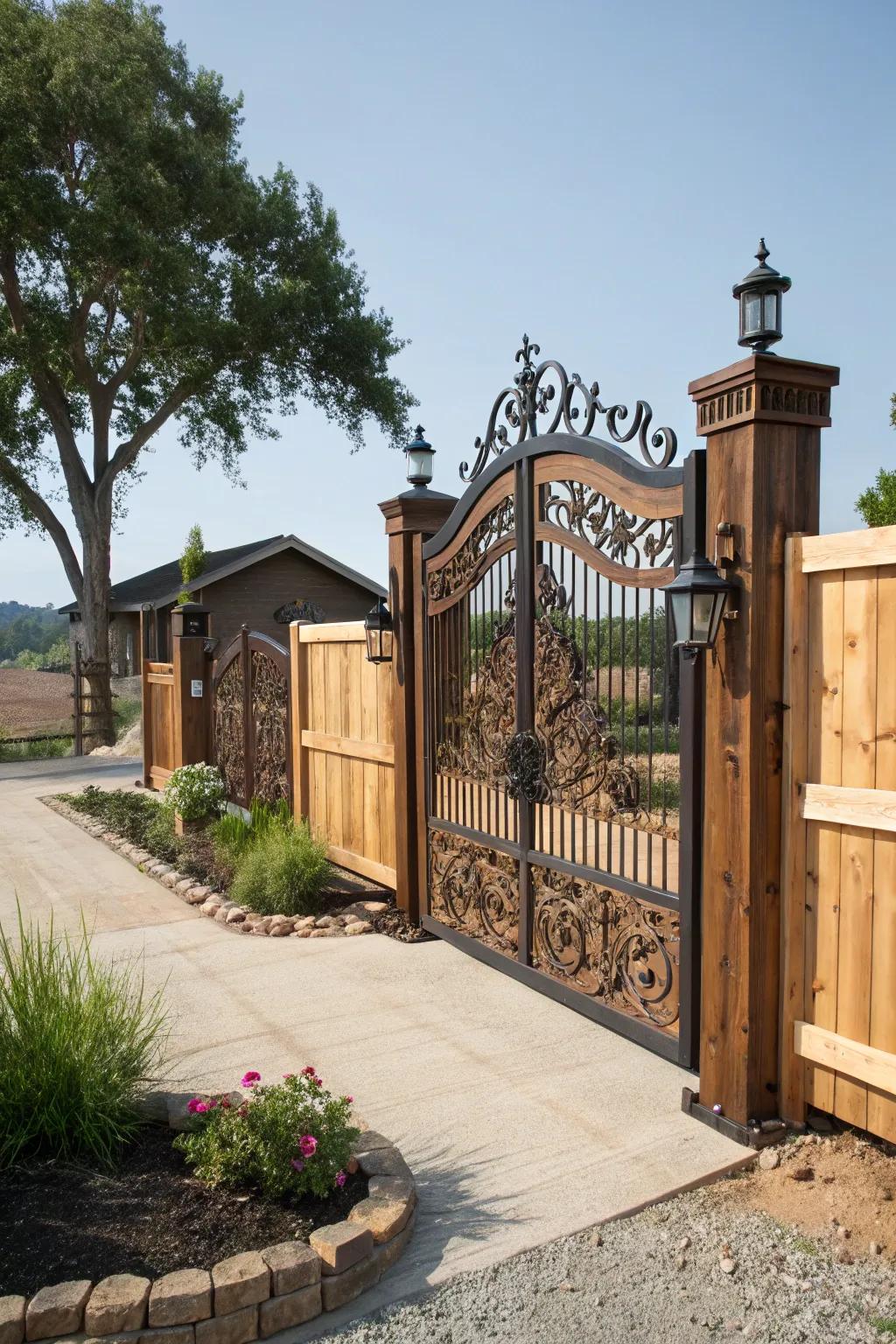 A decorative gate serves as a stylish focal point in this modern farmhouse fence.