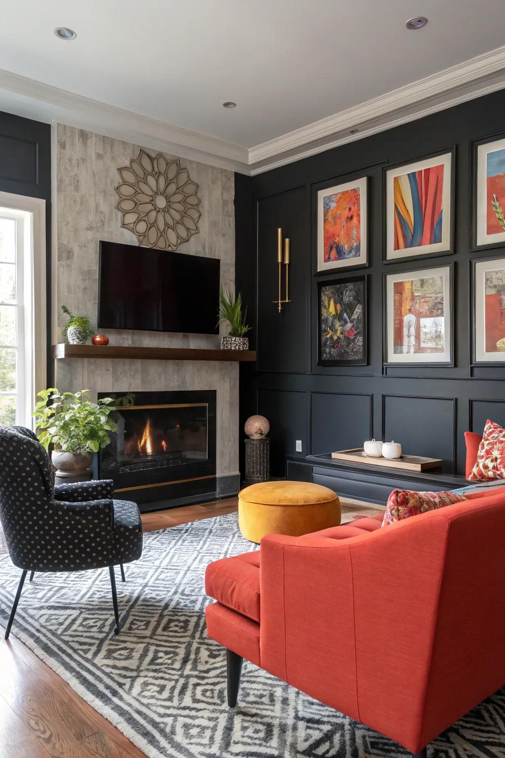 Opposing hues highlight the fireplace and TV as standout features of the room.