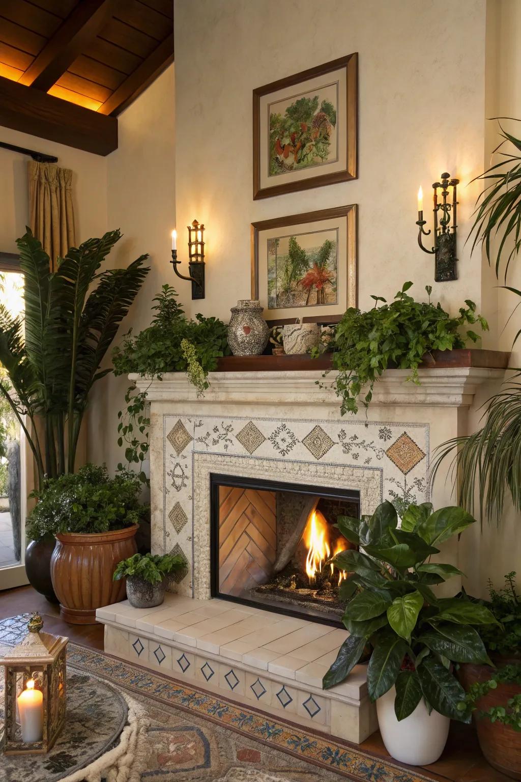A fireplace embellished with ornamental accents.