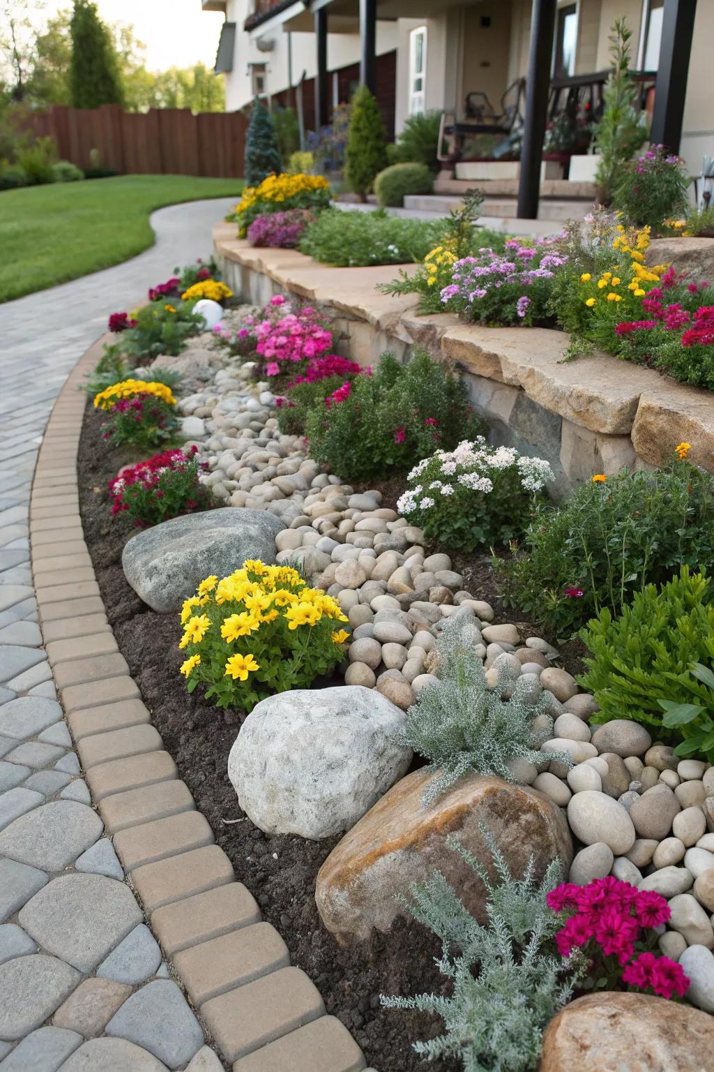 Natural stones introduce texture and intrigue to flower beds.