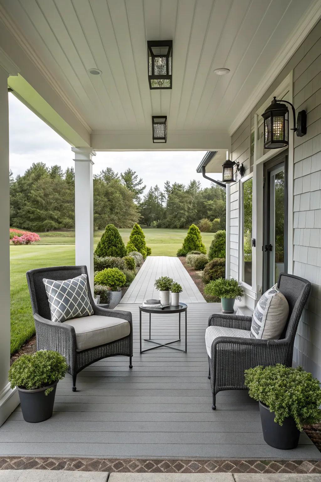 Symmetrical design brings balance to a contemporary porch.