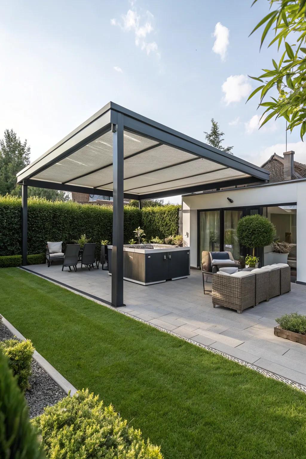 A convertible gazebo with a retractable roof for flexible outdoor enjoyment.