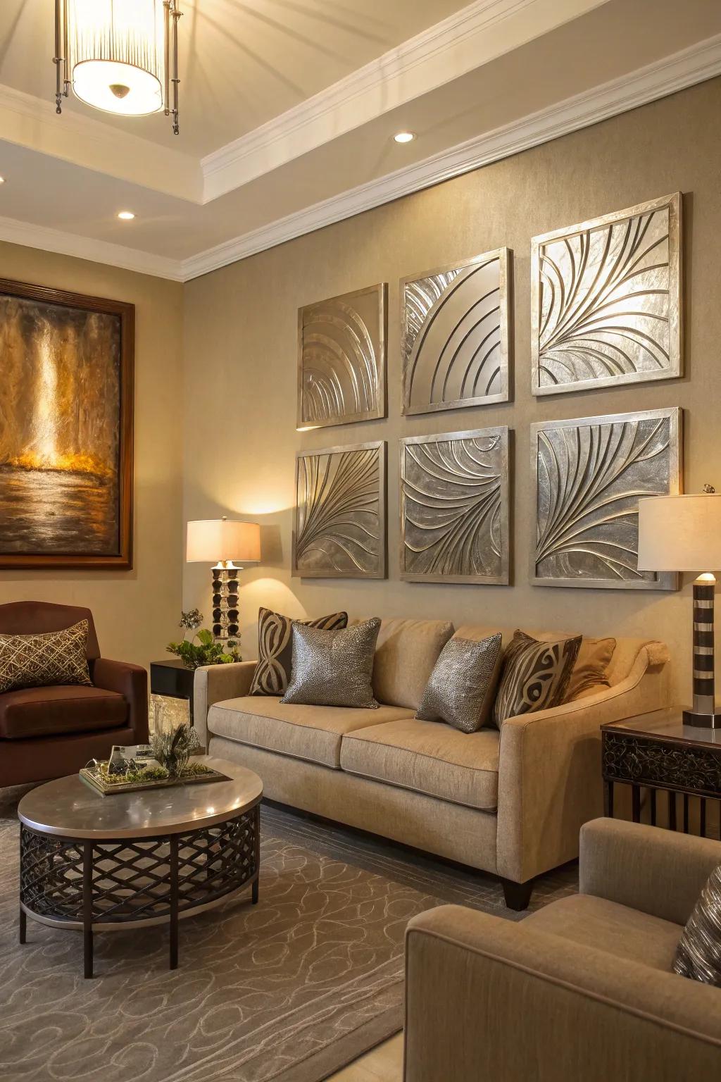 Sophisticated metallic artwork enriches the living space.