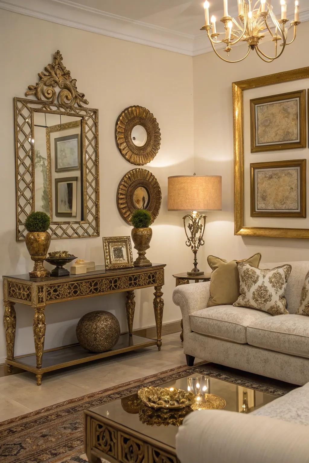 Metallics add a glamorous touch to dark interiors.