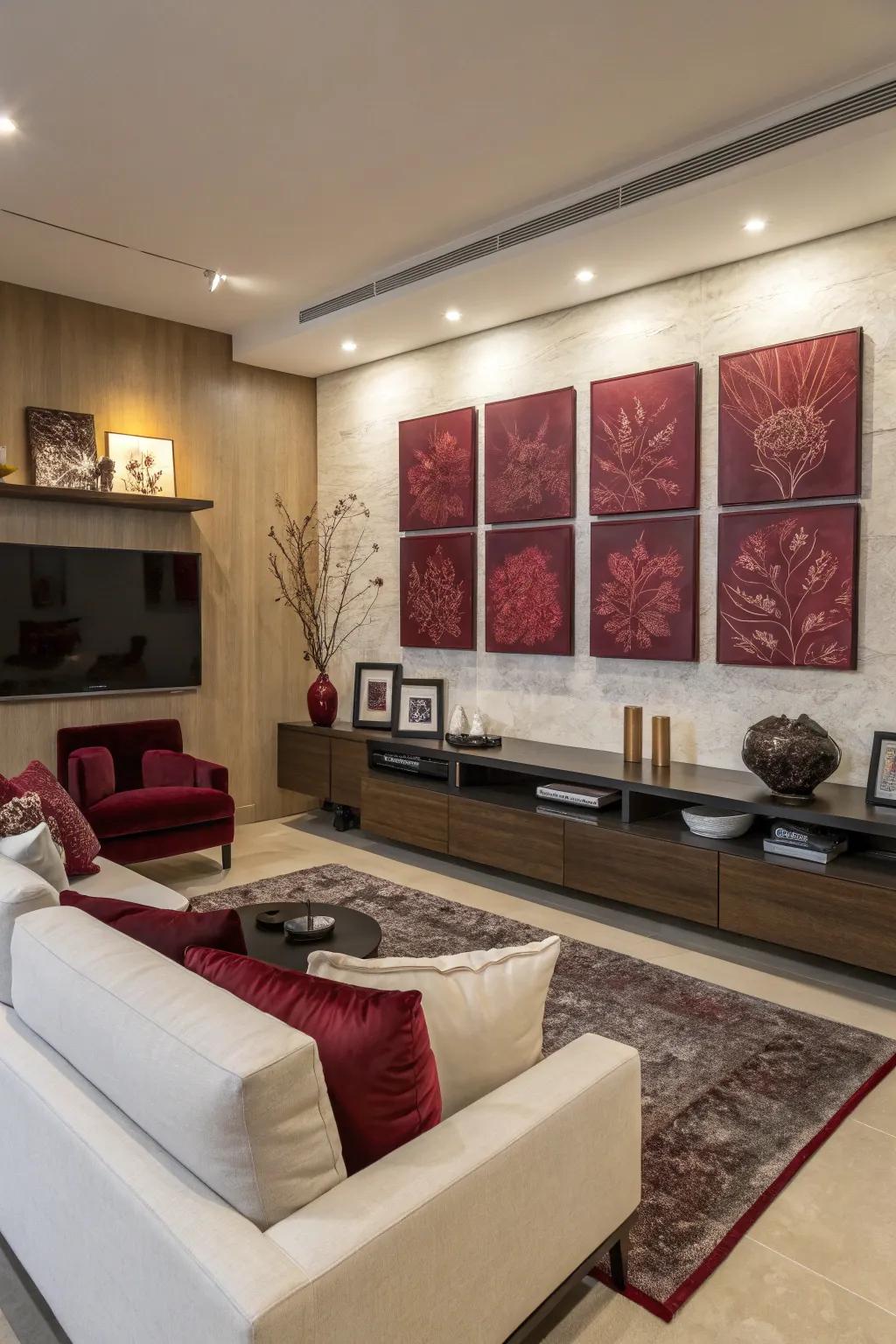 A living space displaying art centered around wine-red themes.
