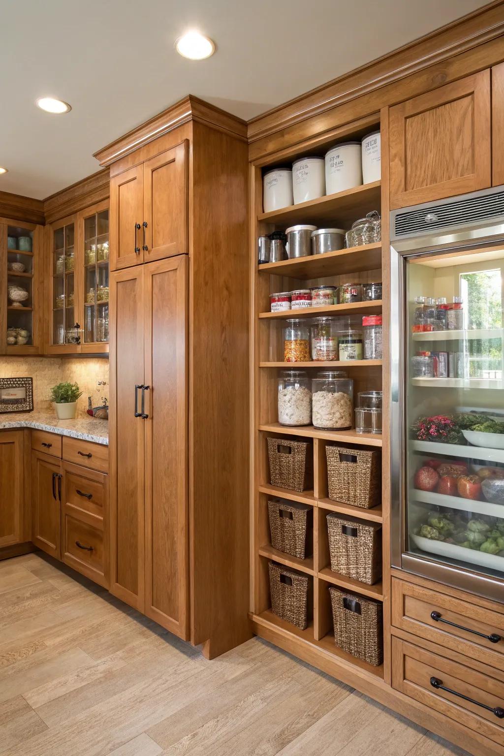 Functional design meets elegance in hickory cabinetry.