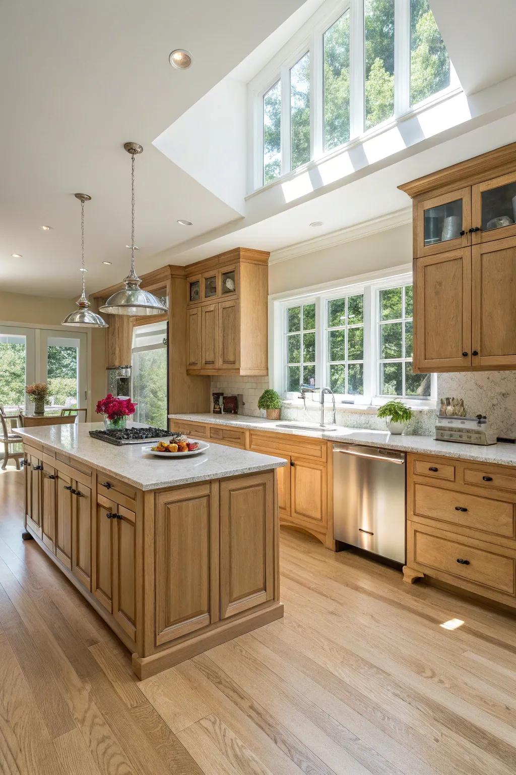 Pale flooring enhances the innate beauty of paneled-oak cabinets in a modern kitchen.