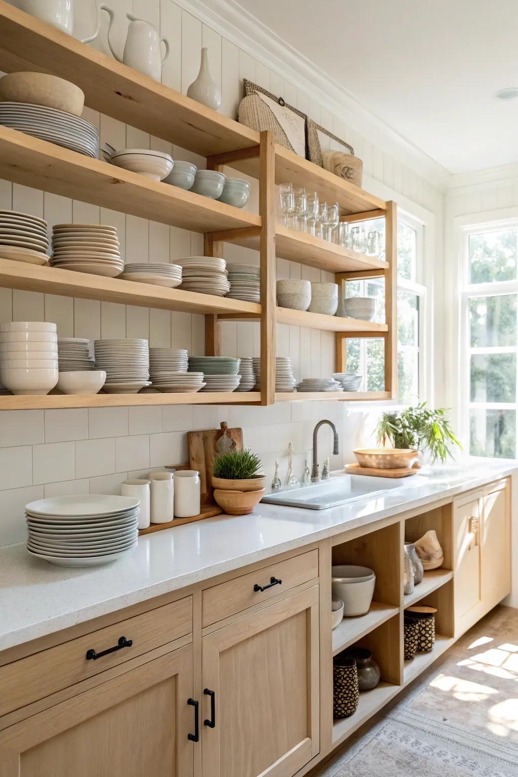 Open shelving in light maple wood offers both style and functionality.