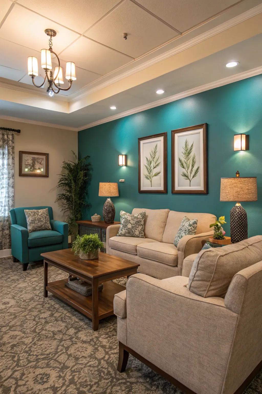 Sea green walls convert this living space into a serene haven.