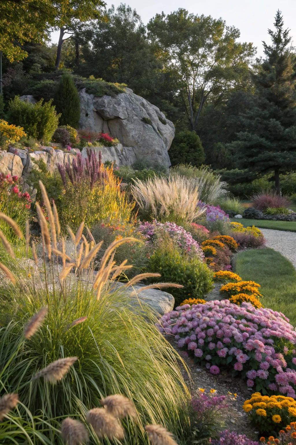 A diversity of plants appends vibrancy and vitality to your rock garden.