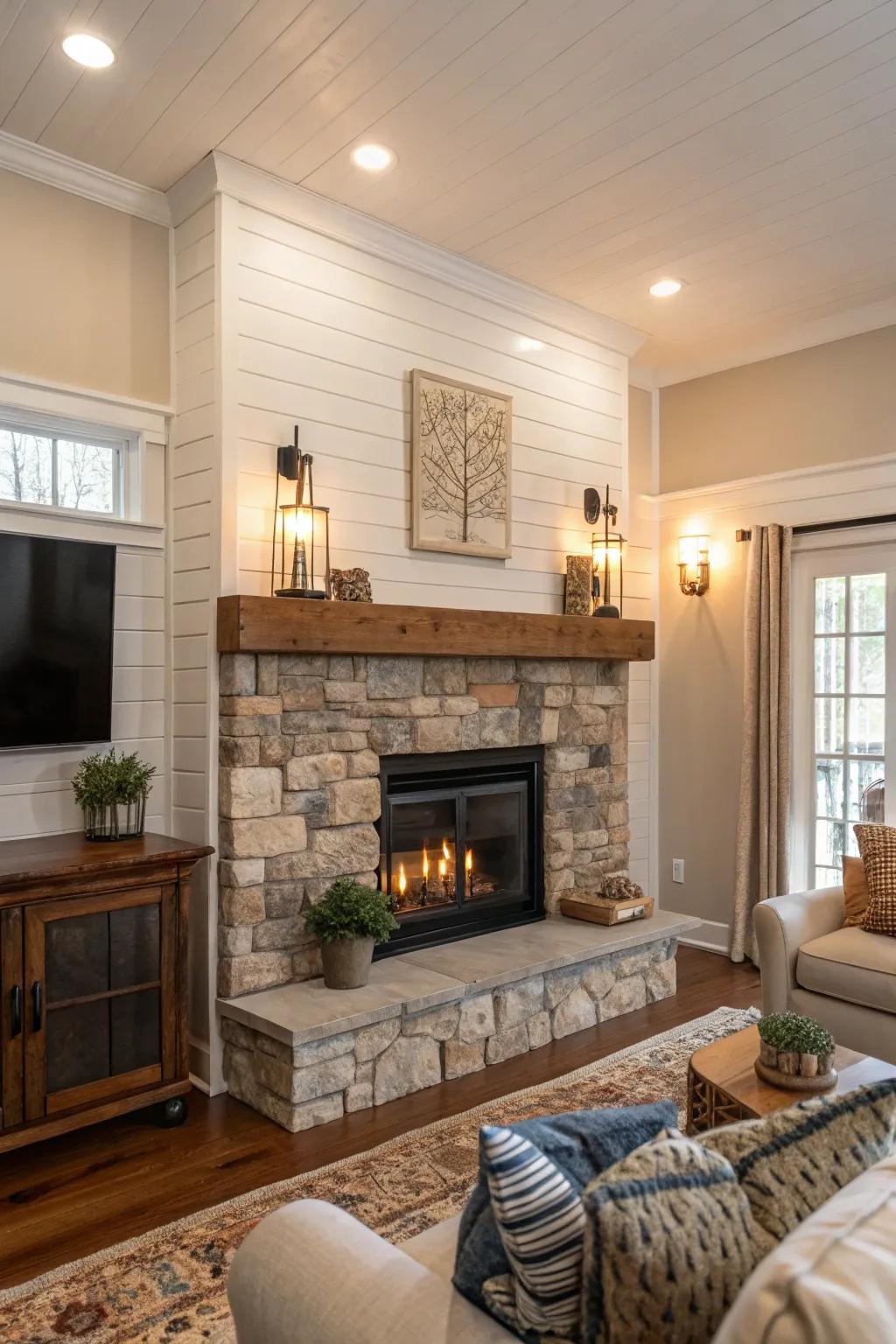 A shiplap fireplace enhanced with stone accents.