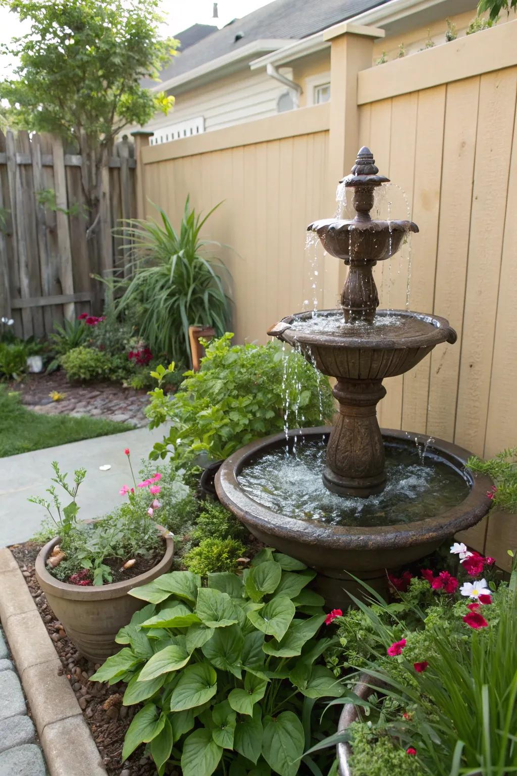 A small water feature adds to the peace of the backyard.