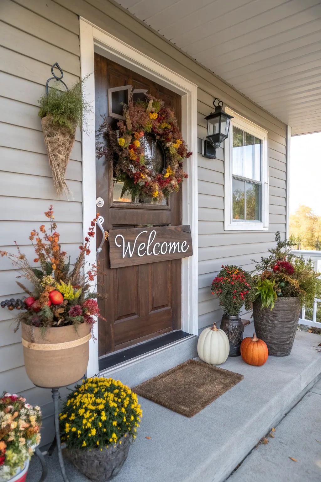 A small front porch adorned with seasonal decor for a welcoming vibe.