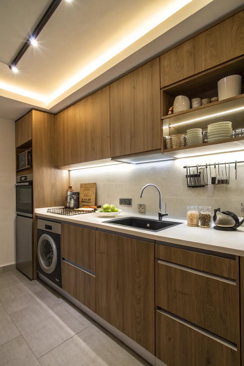 Integrated lighting effectively brightens the workspace.