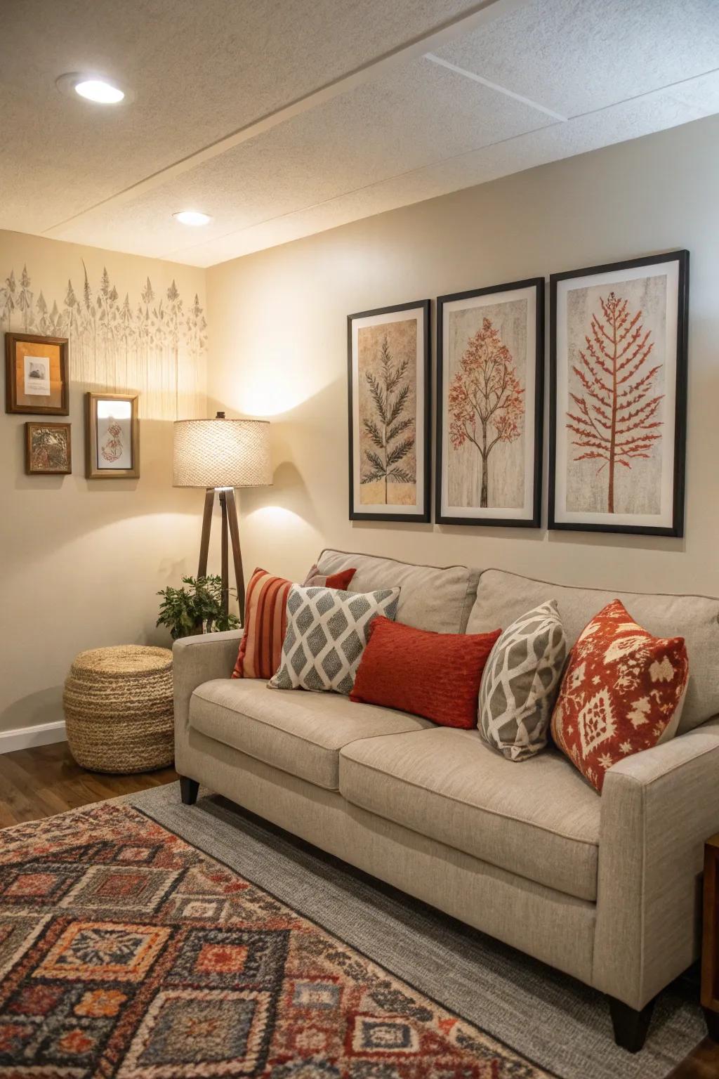 An accent wall and striking artwork enriching a compact living area.