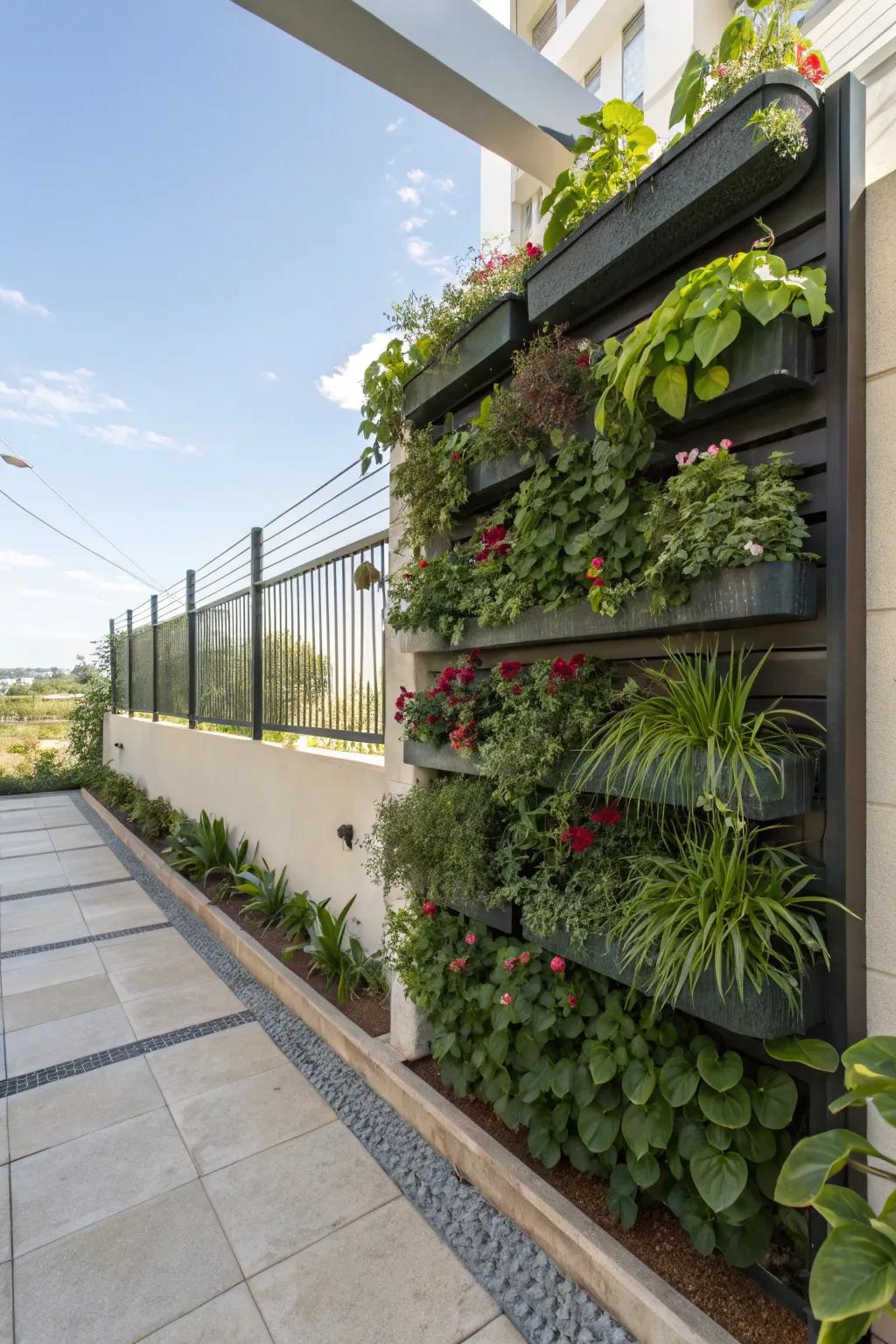 Vertical garden maximizing green space in a compact area.