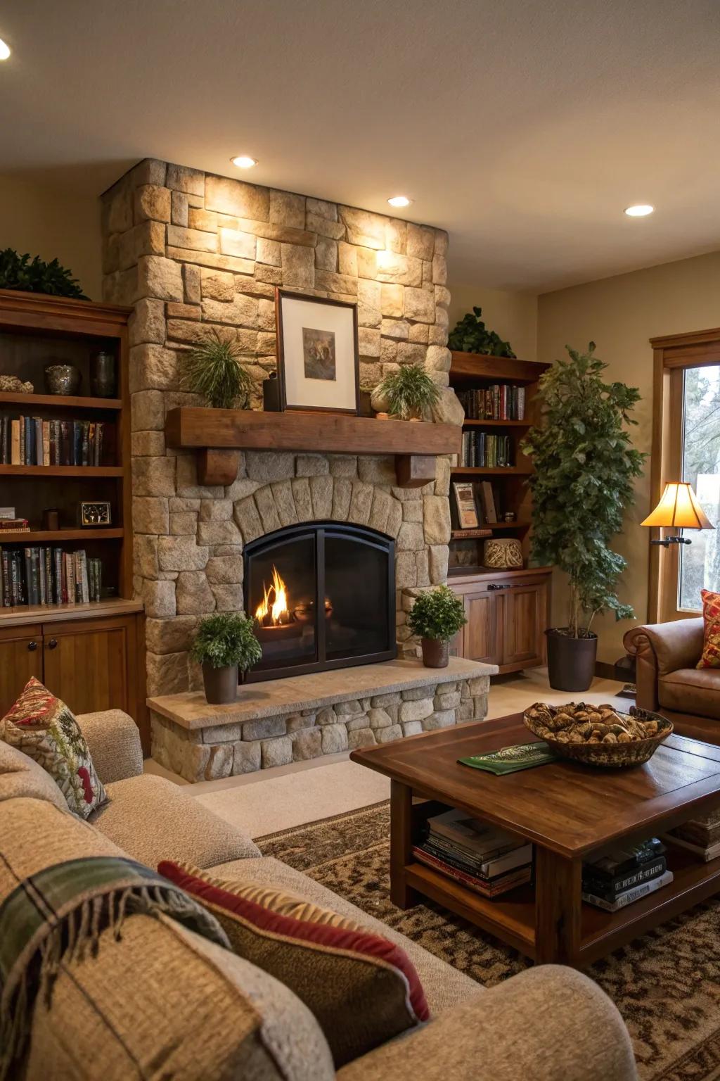 A fireplace functions as a comforting and appealing focus.