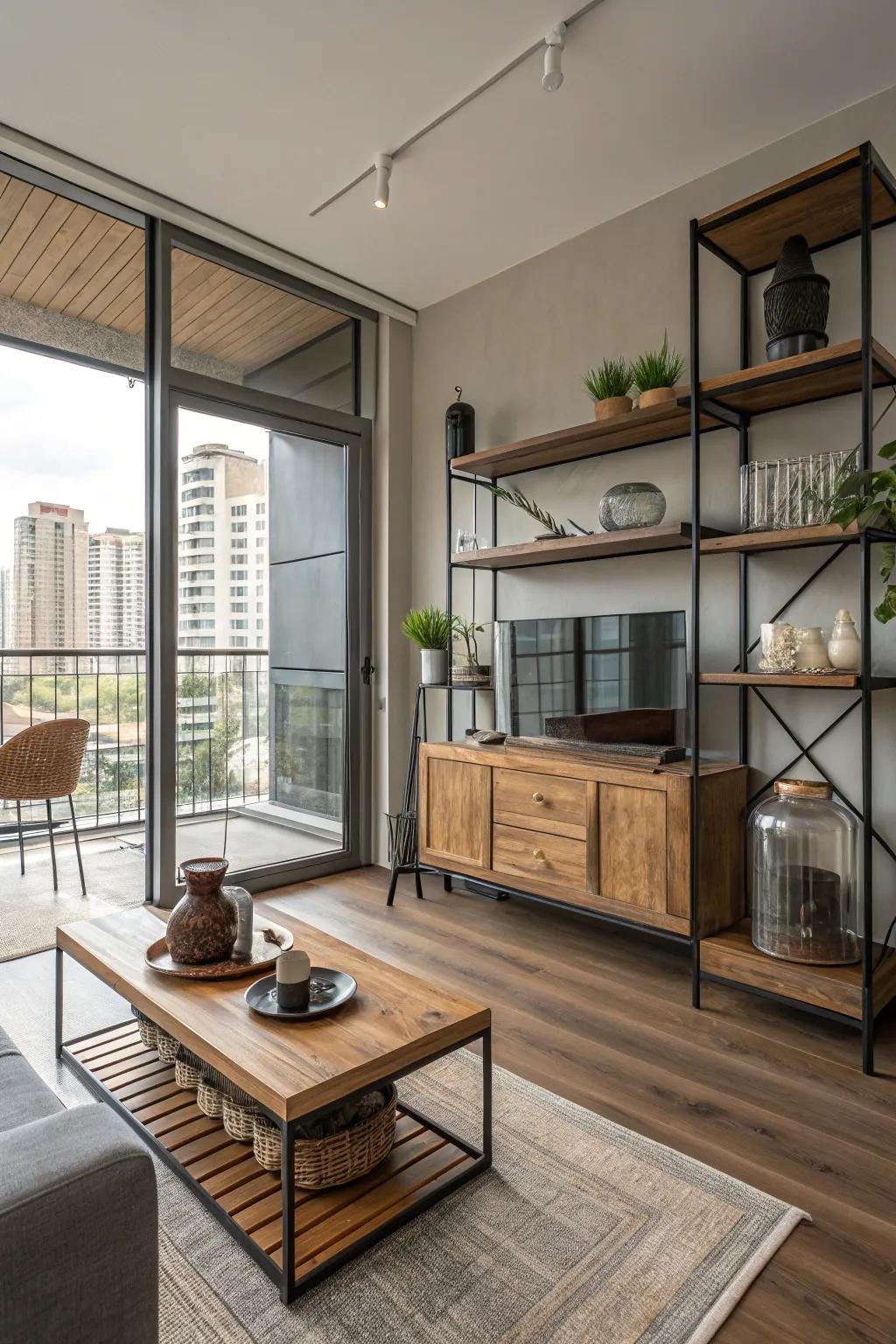 A studio apartment showcasing a combination of wood, metal, and glass for a modern look.
