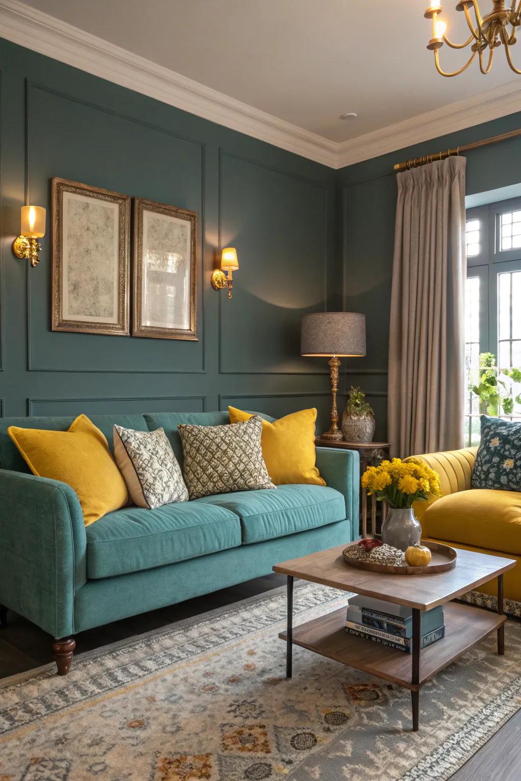 Mustard accents add vibrancy to a teal and grey living room.
