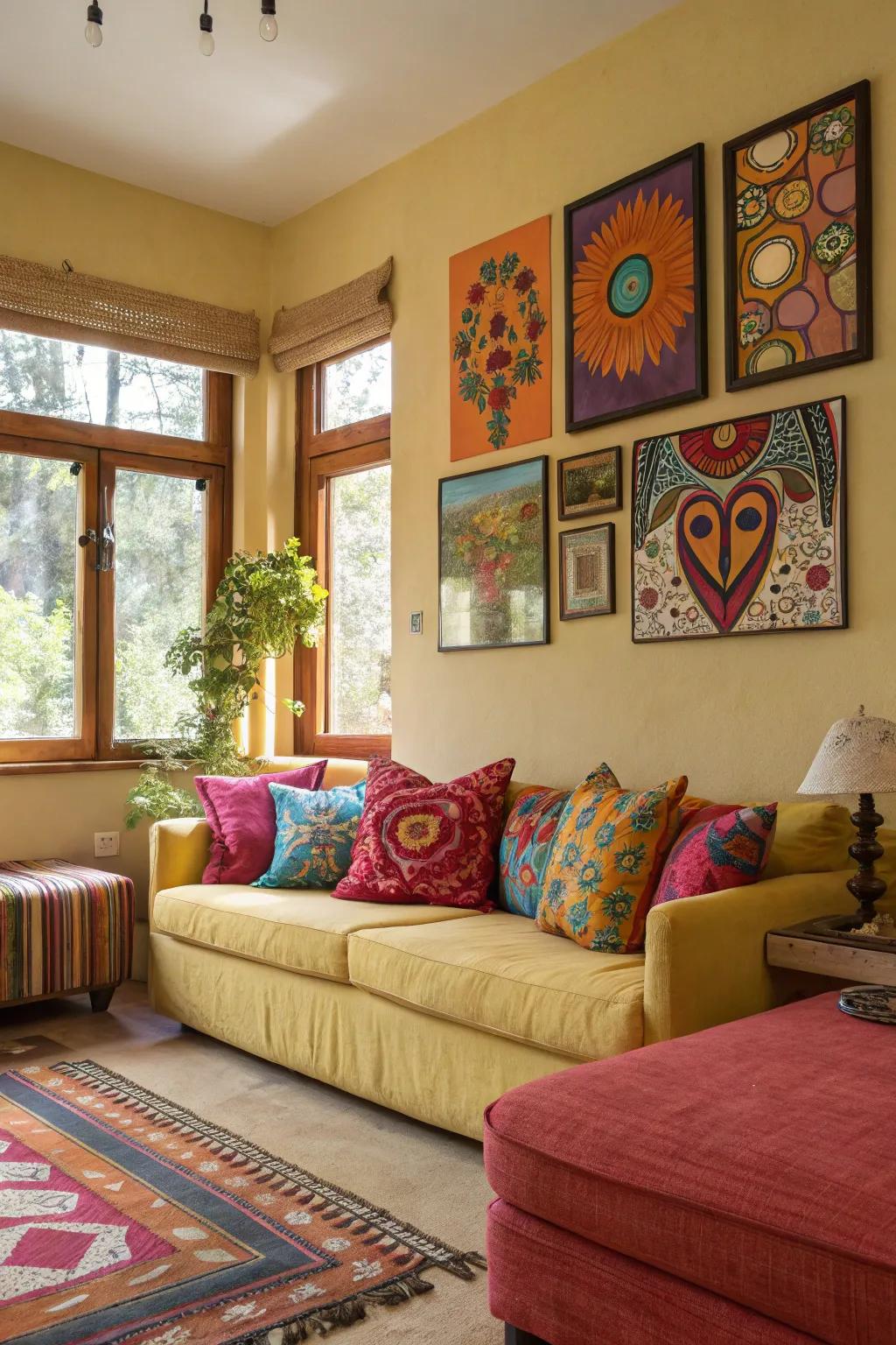 Striking accents infuse the tropical scene with vitality and energy.