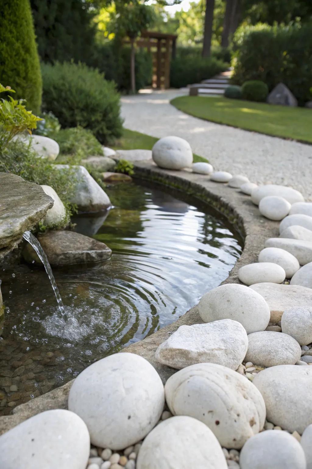 A tranquil water element fringed by alabaster stones, crafting a serene garden nook.
